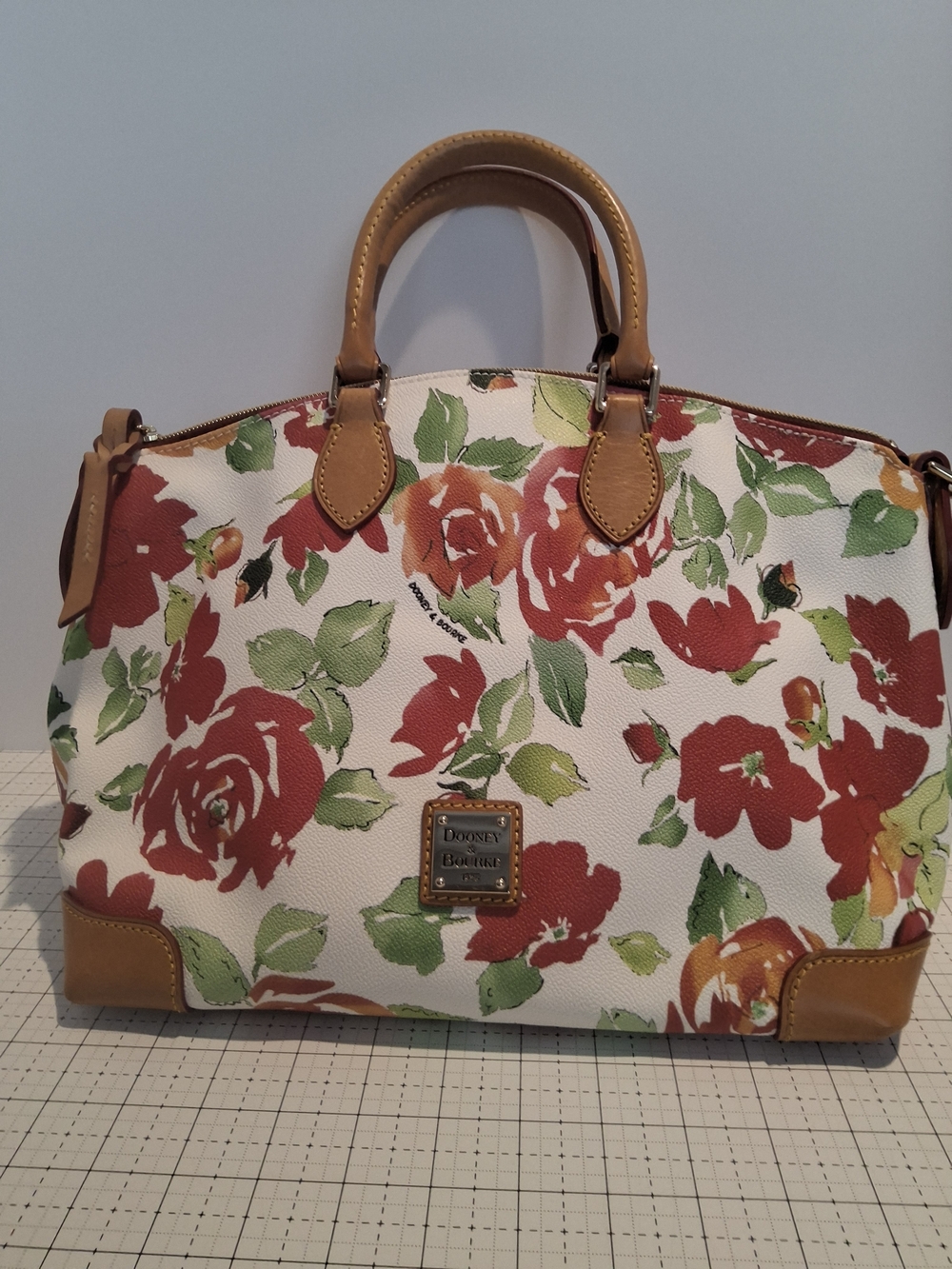 Dooney & Bourke White Floral Satchel with Red Roses and Green Leaves